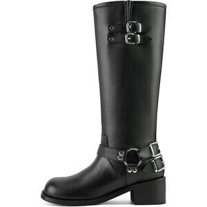QIV Women Harness Motorcycle Boots Mid Calf Biker Riding Buckle Boots NEW